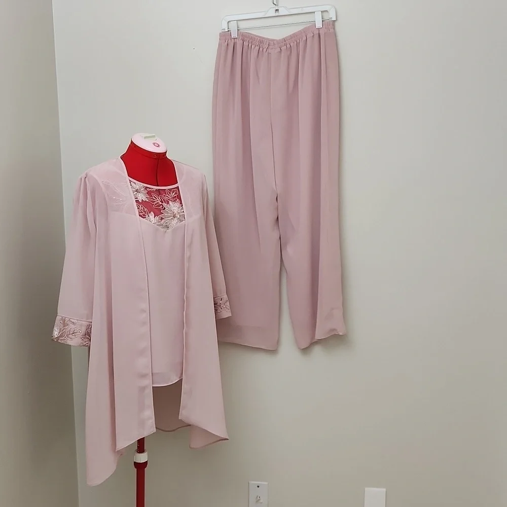 Le Bos 3 Piece Pant Set Women’s Size 10 Pink Chiffon Duster Tank Top Pants Flora